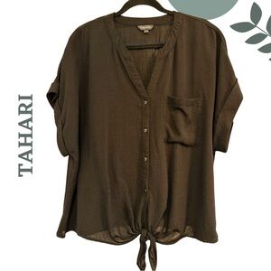 🛍️3/$40 Tahari Lightweight Tie-Front Blouse Linen Look Black Short Sleeve  – XXL
